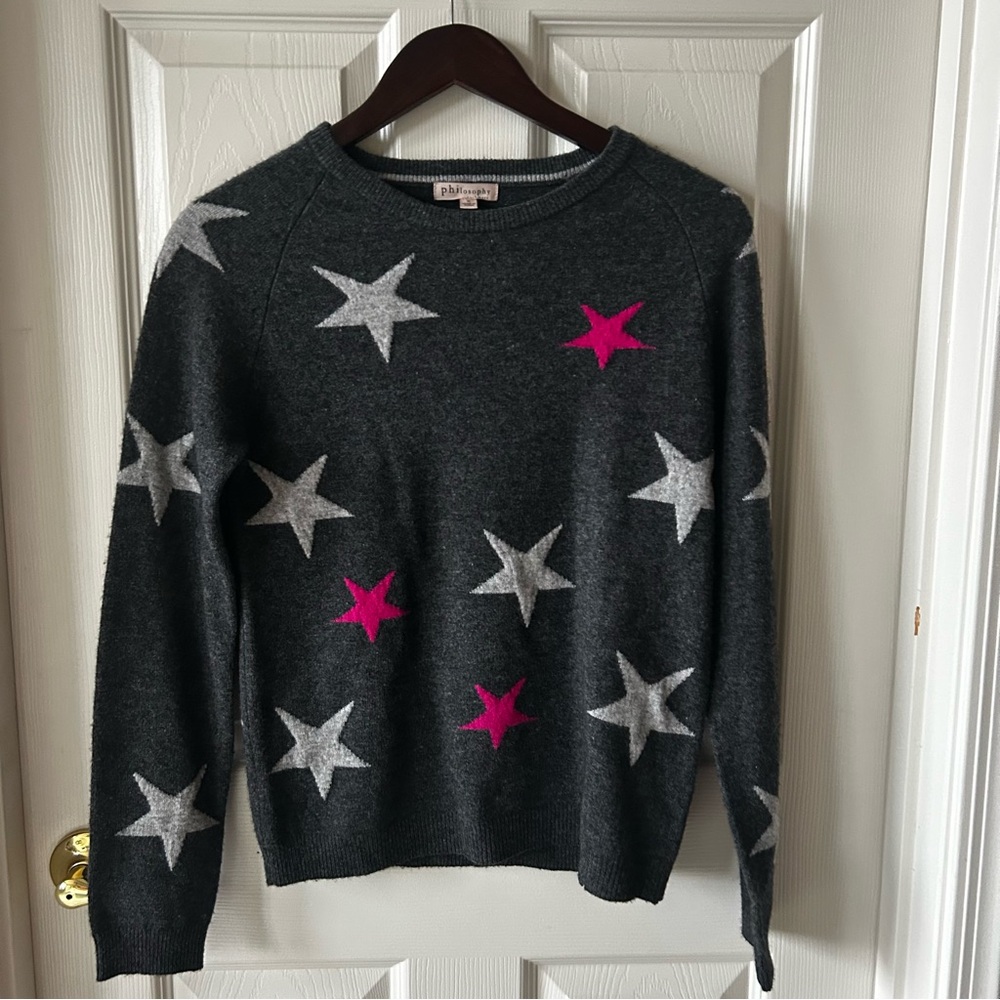 Philosophy Cashmere Dark Gray Star Sweater, Size Small